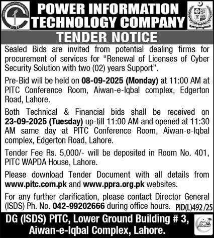 Power Information Technology Company Lahore Tender Notice